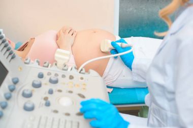 cropped shot of obstetrician gynecologist making ultrasound scanning for pregnant woman clipart