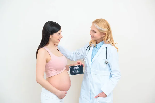 Obstetrician Gynecologist Young Pregnant Woman Ultrasound Scan Picture — Stock Photo, Image