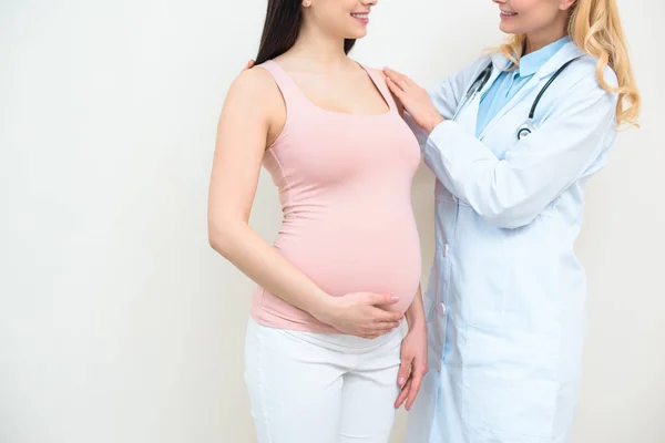 Tiro Cortado Ginecologista Obstetra Apoiando Mulher Grávida — Fotografia de Stock