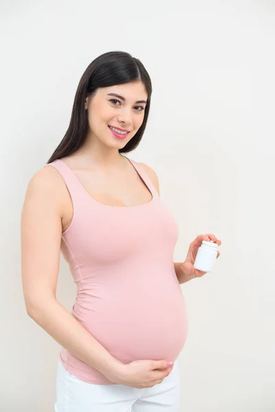 Happy Young Pregnant Woman Holding Jar Pills White — Stock Photo, Image