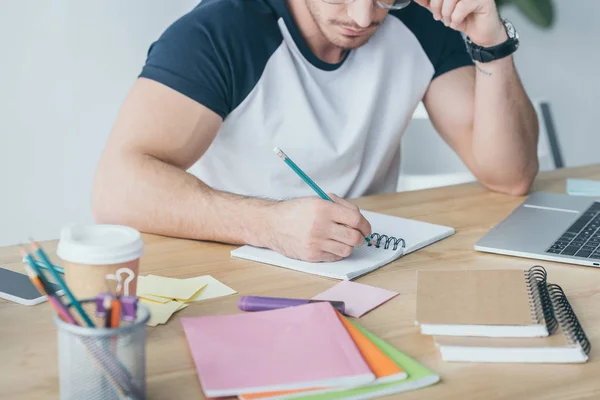 Cropped View Male Student Studying Writing Copybook — Stock Photo, Image