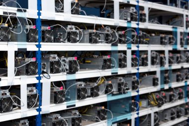 shelves with power supply units for cryptocurrency mining farm clipart