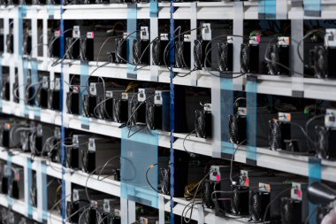 shelves with equipment for bitcoin mining farm clipart