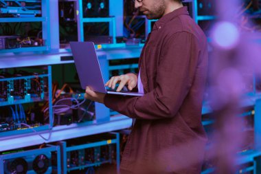 cropped shot of young computer engineer working with laptop at ethereum mining farm clipart