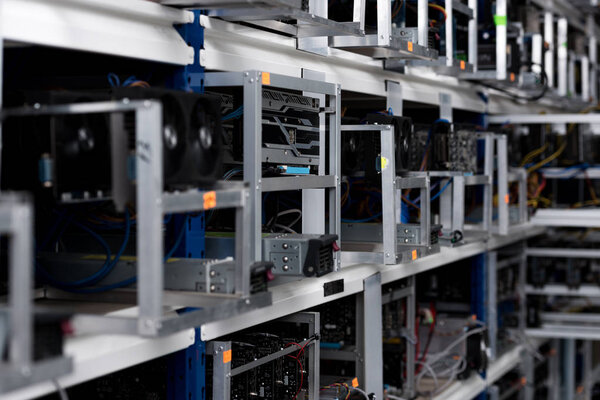 close-up shot of graphic cards at cryptocurrency mining farm