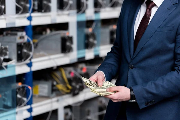 Cropped View Businessman Counting Cash Ethereum Mining Farm — Stock Photo, Image