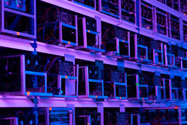 ethereum mining farm under purple light