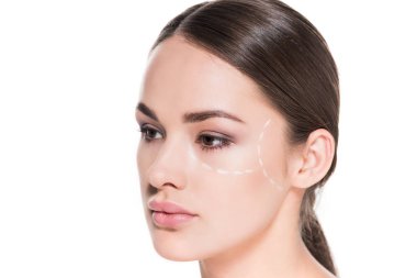 attractive young woman with dotted line drawn on face for plastic surgery isolated on white clipart