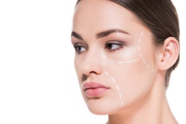 beautiful young woman with dotted line drawn on face for plastic surgery isolated on white clipart