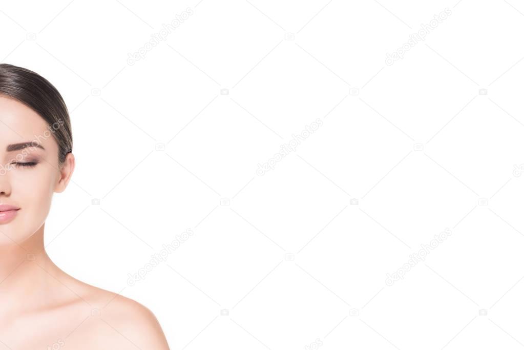 cropped shot of half of face of attractive woman isolated on white