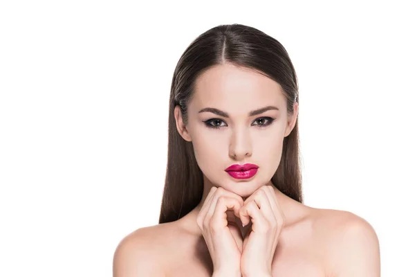 Beautiful Young Woman Showing Heart Sign Hands Isolated White — Stock Photo, Image