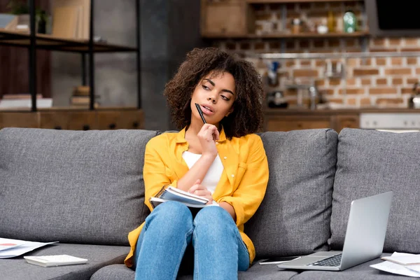 Thoughtful Young Woman Working Home Couch — Stock Photo, Image