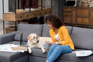 evde kanepede köpeğini gözlük ile yanında oturan ise çalışma çekici genç kadın