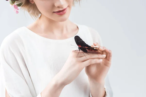 Cropped View Girl Beautiful Butterfly Hands Isolated Grey — Stock Photo, Image