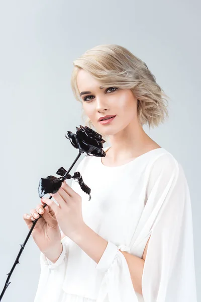 Beautiful Girl Posing White Blouse Black Rose Isolated Grey — Stock Photo, Image