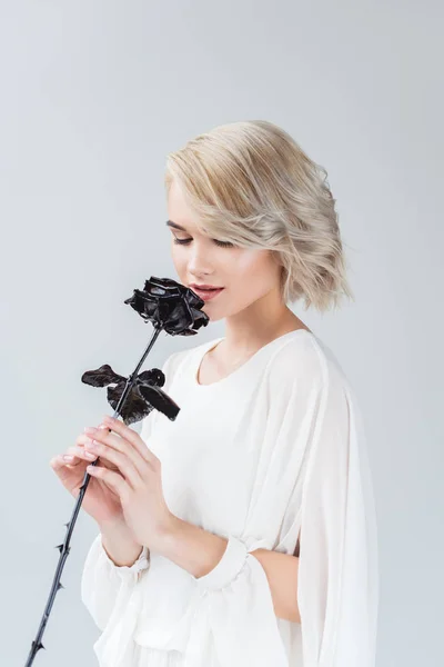 Attractive Woman Posing White Blouse Black Rose Isolated Grey — Stock Photo, Image