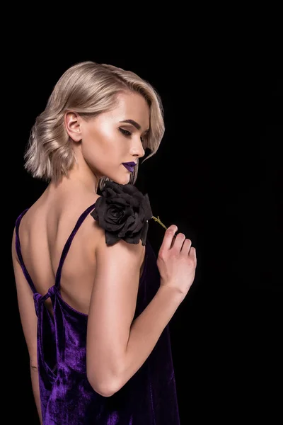 Fashionable Girl Posing Purple Dress Black Rose Isolated Black — Stock Photo, Image