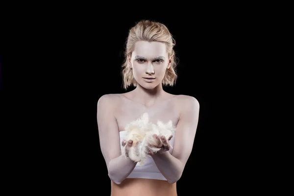 Attractive Blonde Girl White Makeup Holding Feathers Isolated Black — Stock Photo, Image