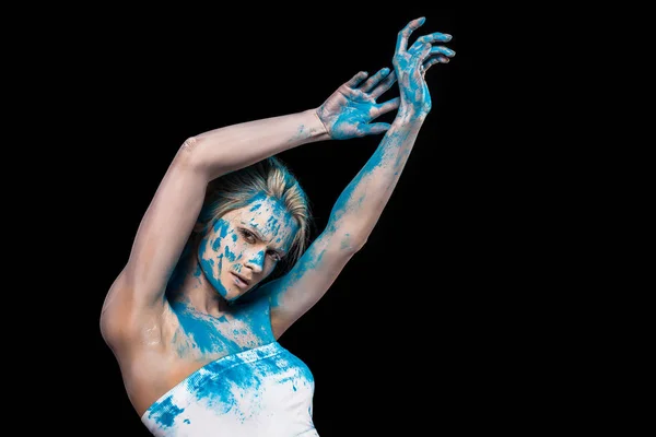 Young Woman Posing Blue Powder Powder Isolated Black — Free Stock Photo