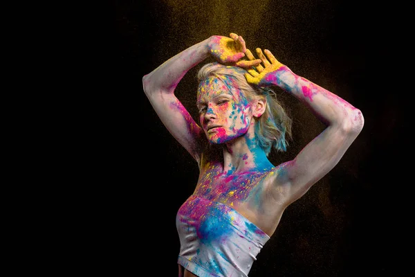 Attractive Sensual Girl Posing Colorful Holi Powder Isolated Black — Stock Photo, Image