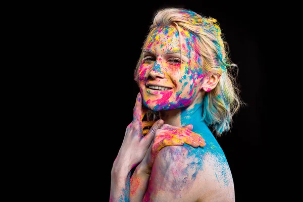 Attractive Cheerful Girl Posing Colorful Holi Paint Isolated Black — Stock Photo, Image
