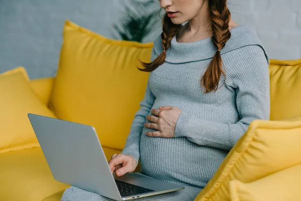 Embarazada usando portátil — Foto de Stock
