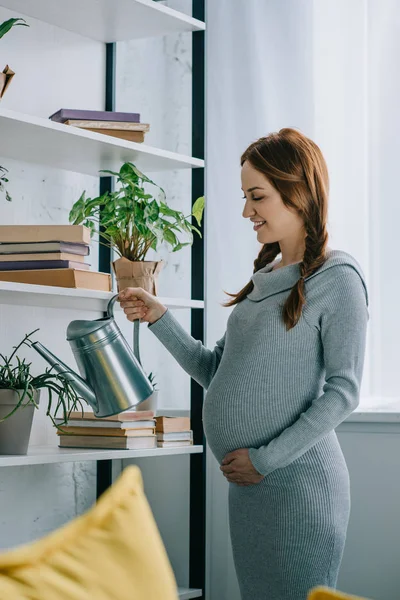 Vista Lateral Mujer Embarazada Regar Las Plantas Con Regadera Sala — Foto de Stock