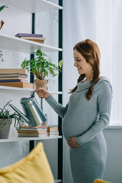 side view of pregnant woman watering plants with watering can in living room