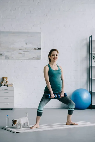 Belle Femme Enceinte Faisant Exercice Avec Haltères Dans Salon Chien — Photo