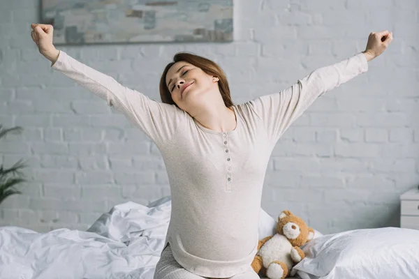 Beautiful Pregnant Woman Stretching Bedroom Morning — Stock Photo, Image