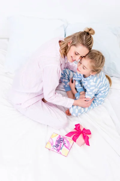 High Angle View Mother Hugging Daughter Home Happy Mothers Day — Stock Photo, Image