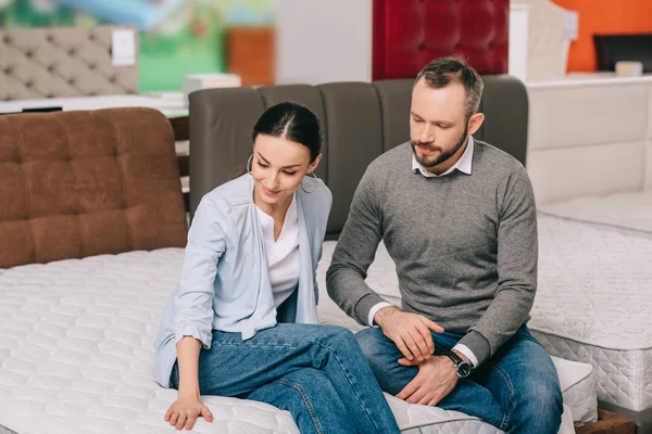Portrait Couple Sitting Mattress While Choosing Goods Together Furniture Store — Stock Photo, Image