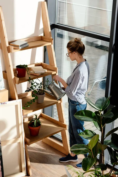 High Angle View Stylish Woman Eyeglasses Watering Potted Plant — Stock Photo, Image