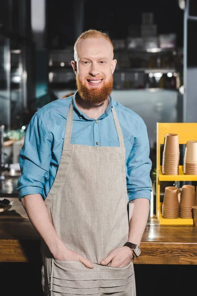 Smiling Young Male Barista Apron Standing Coffee Shop — Stock Photo, Image