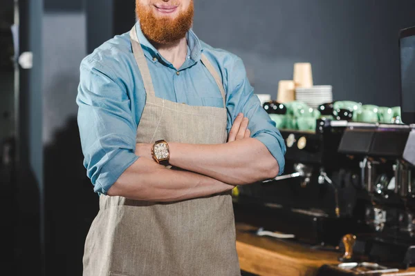 Cropped Shot Smiling Bearded Barista Apron Standing Crossed Arms Coffee — Free Stock Photo