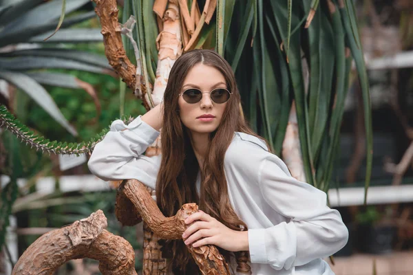 Menina Elegante Óculos Sol Moda Posando Jardim Tropical Verão — Fotografia de Stock