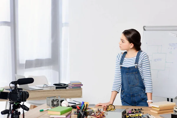 Adorable Preteen Child Looking Away Table Tech Equipment Home — Stock Photo, Image