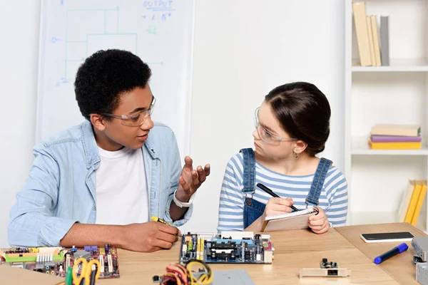 Amigos Multiculturales Que Estudian Hablan Placa Madre Computadora Casa —  Fotos de Stock