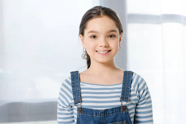 Adorable Smiling Preteen Child Looking Camera Home — Stock Photo, Image