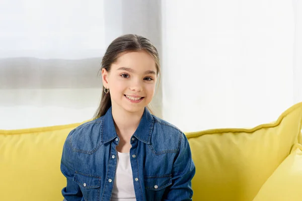 Portrait Smiling Preteen Child Looking Camera Sofa Home — Stock Photo, Image