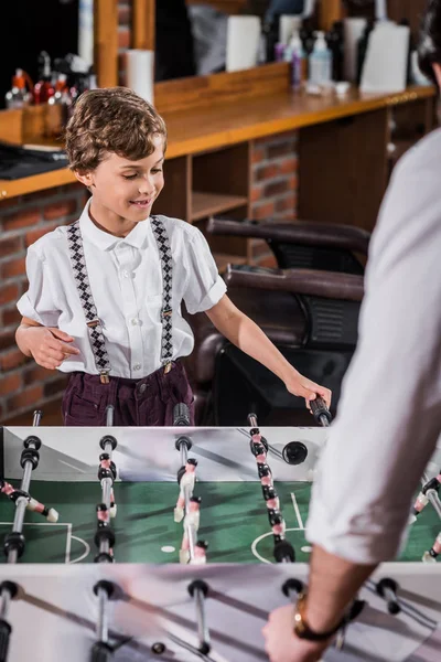 Adorable Little Kid Playing Table Football Father — Stock Photo, Image