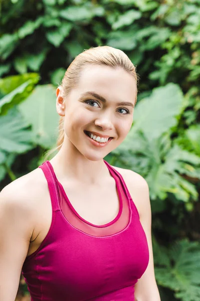 Close Portrait Happy Young Woman Athletic Top Looking Camera Park — Stock Photo, Image