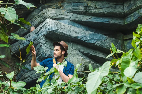 Yakışıklı Delikanlı Şık Giysiler Hasır Şapka Yağmur Ormanlarında Hiking — Ücretsiz Stok Fotoğraf