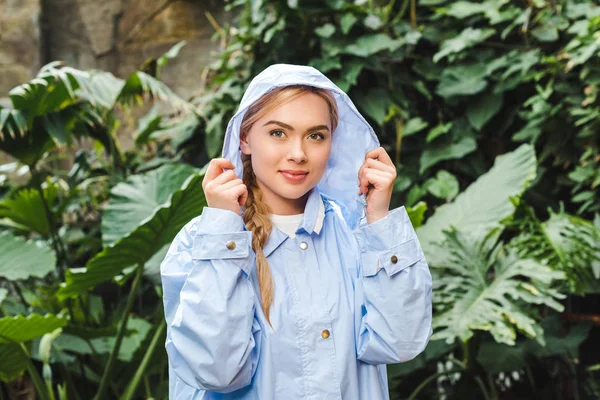 Beautiful Hooded Young Woman Blue Coat Rainforest — Stock Photo, Image