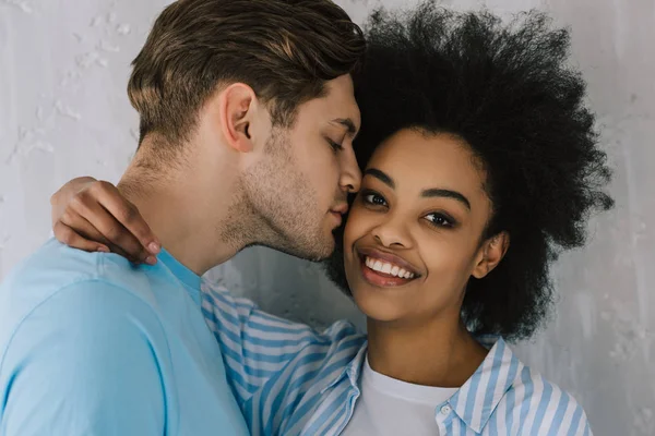 Tender Man Embracing Kissing African American Girlfriend — Stock Photo, Image