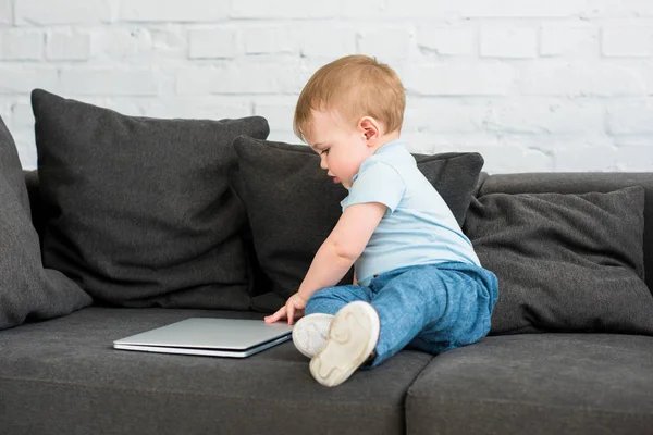 Side View Little Baby Boy Laptop Sofa Home — Stock Photo, Image