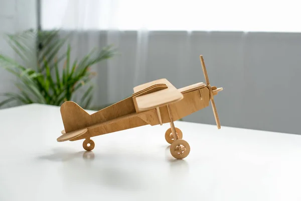 Close View Wooden Toy Plane White Tabletop — Stock Photo, Image