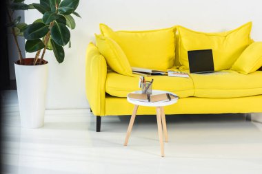 Sarı kanepe evde dizüstü bilgisayar, dizüstü bilgisayarlar ve klasörler görünümü kadar office kapatın