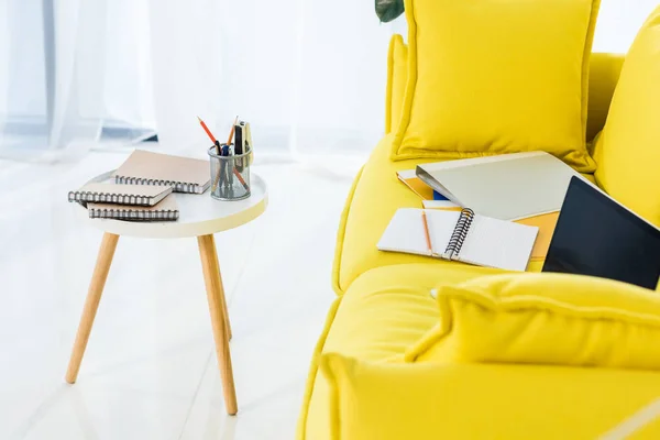 Close View Laptop Notebooks Folders Yellow Sofa Home Office — Stock Photo, Image