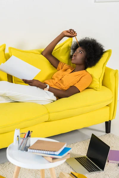 Pensive African American Woman Papers Remote Working Home — Free Stock Photo